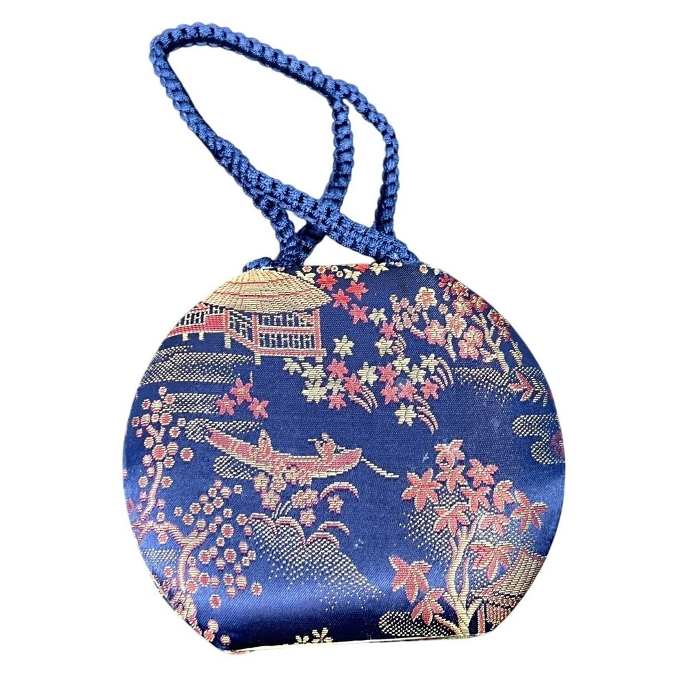 Vintage Japanese Brocade Mini Clutch Bag Blue Cherry Blossom Mirror Compact
